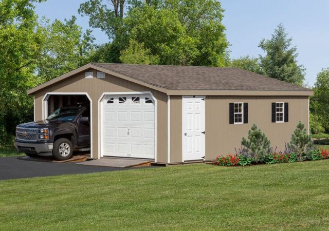 24x24 Double Wide Garage with Optional Vents Shutters and Sunburst Style Garage Doors