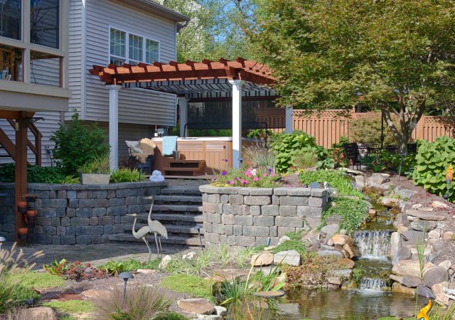 10' x 14' Artisan Cedar Pergola - Mahogany Stain - White Vinyl Post - Grey Black & White EZ Shade Cano