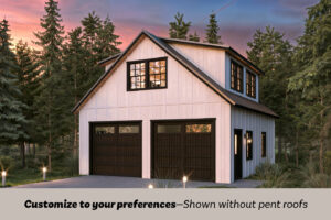 If you’ve been eyeing one of our premium timber frame garages, you’ll love the Ridgeview Loft. At first glance, its striking design, complete with pent roofs over the garage and entry doors, gives it the sophisticated look of a timber frame build. But this model doesn’t just look upscale—it delivers. With glass panel garage doors, black-trimmed windows, and a standing seam metal roof, the Ridgeview Loft checks all the boxes for modern, high-end appeal. When compared to our classic 2-story A-frame garage, the Ridgeview Loft clearly sets itself apart. Its steeper pitched roof and extended dormers make the second floor dramatically more spacious and versatile. Whether you're envisioning turning this space into a mancave, home office, art studio, or guest space, the Ridgeview Loft offers the flexibility to bring your vision to life—while maintaining exceptional value.