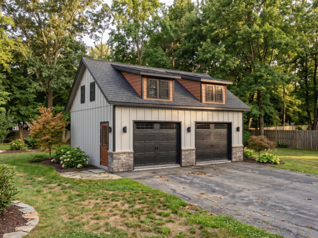 24' x 28' 2 Story Carriage Garage LP Board & Batton Modern Lean to dormers