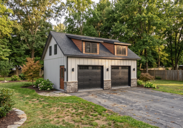 24' x 28' 2 Story Carriage Garage LP Board & Batton Modern Lean to dormers