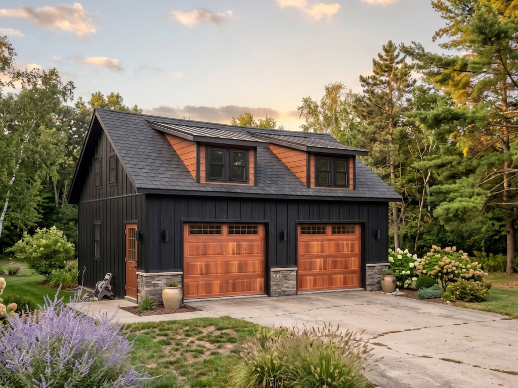 24' x 28' Carriage Style Garage Black with Lean to Dormers