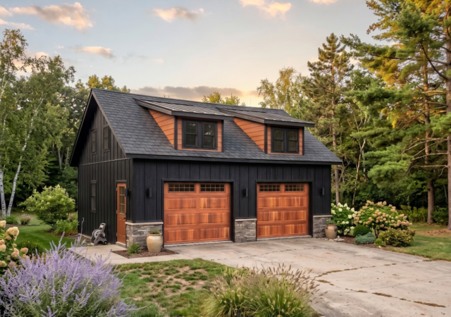 24' x 28' Carriage Style Garage Black with Lean to Dormers
